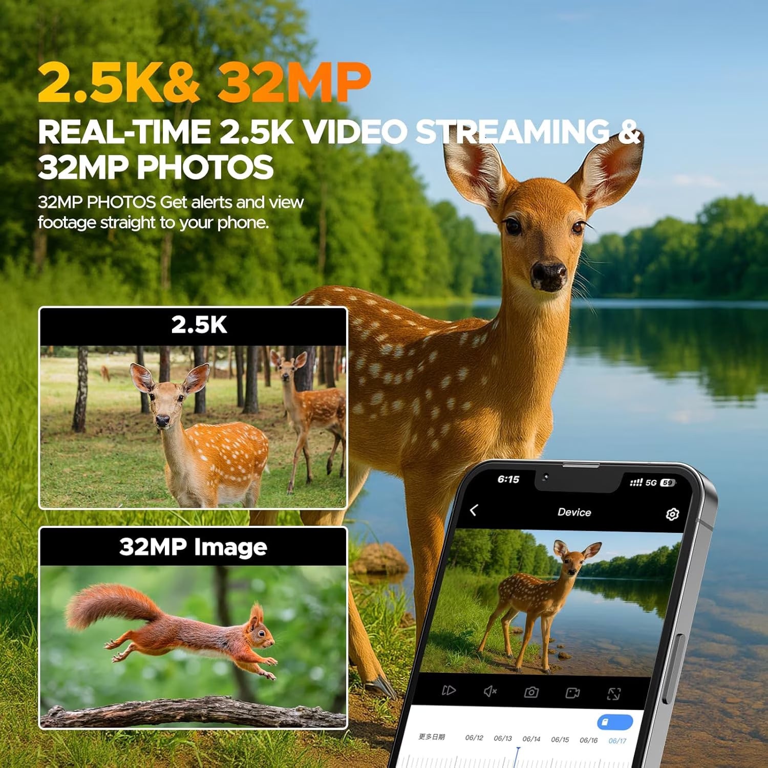 Solar Cellular Trail Camera 4G LTE 2.5K 32MP Hunting Camera 65FT Night Vision 0.1S PIR AI Detection IP66 Wildlife Monitor