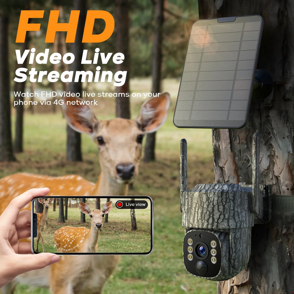 4G LTE Solar Trail Camera Cellular Live Feed 2.5K 360° View Game Camera Auto Tracking No Wifi Needed for Hunting&Outdoor Security