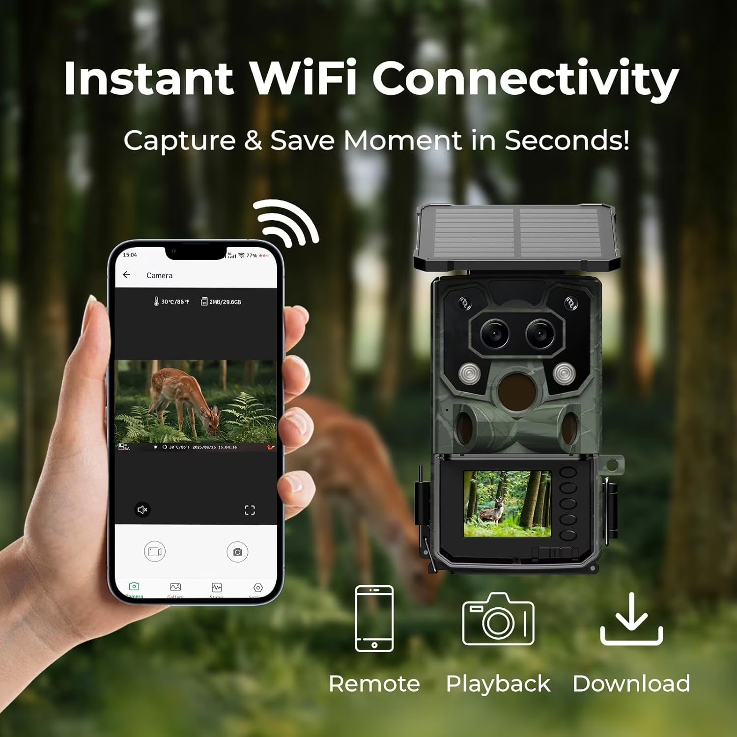 Solar Trail Camera 4K 60MP Dual Lens Wifi 5200Mah Battery Game Camera Starlight Night Vision for Wildlife Hunting Monitoring
