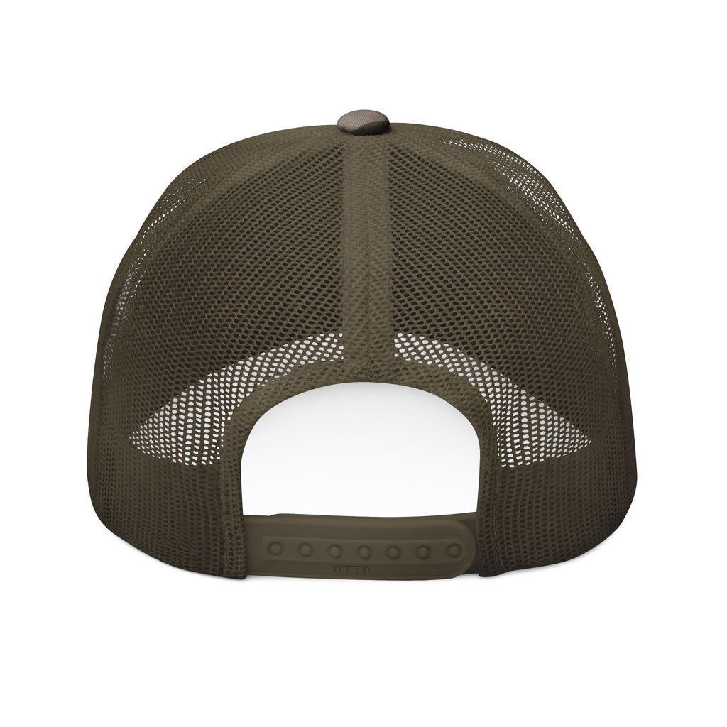 Camo Trucker Hat — Embroidered Deer & Fish BBQ Patch