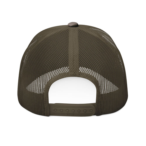 Camo Trucker Hat — Embroidered Deer & Fish BBQ Patch