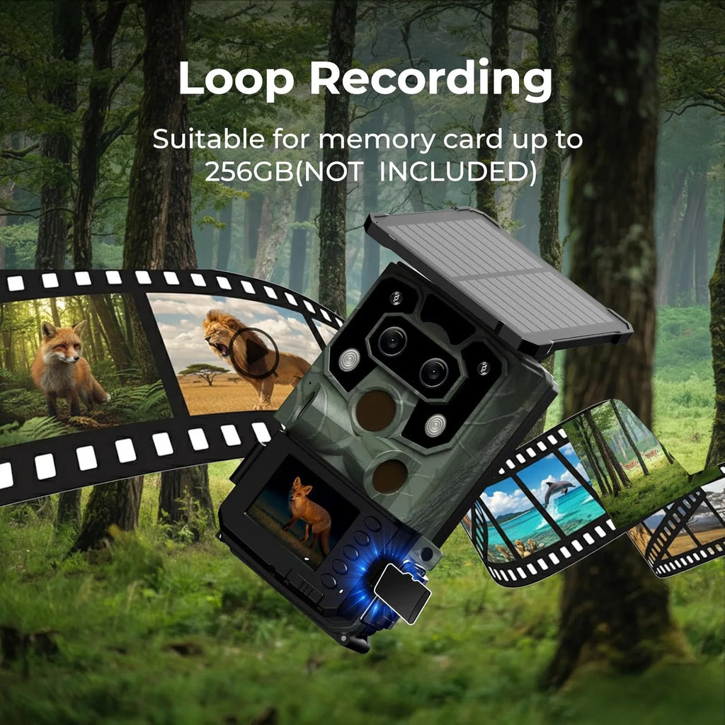 Solar Trail Camera 4K 60MP Dual Lens Wifi 5200Mah Battery Game Camera Starlight Night Vision for Wildlife Hunting Monitoring