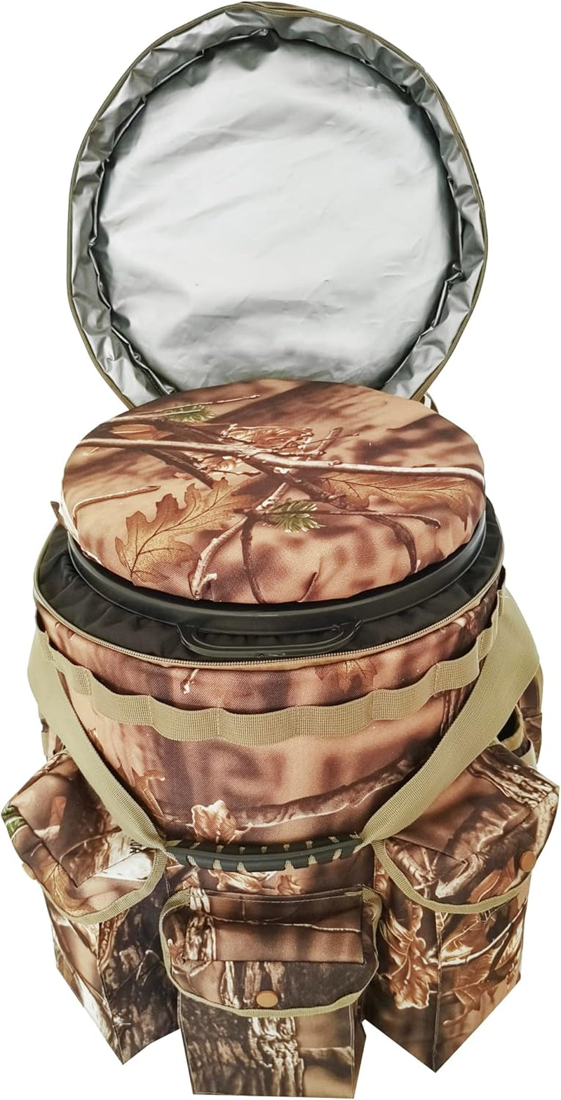 Insulated Bucket Backpack with 360° Swivel Lid – Camo Cooler Backpack with 5-Gallon Bucket for Hunting, Fishing, Camping, Outdoor Sports – Woodland Camo