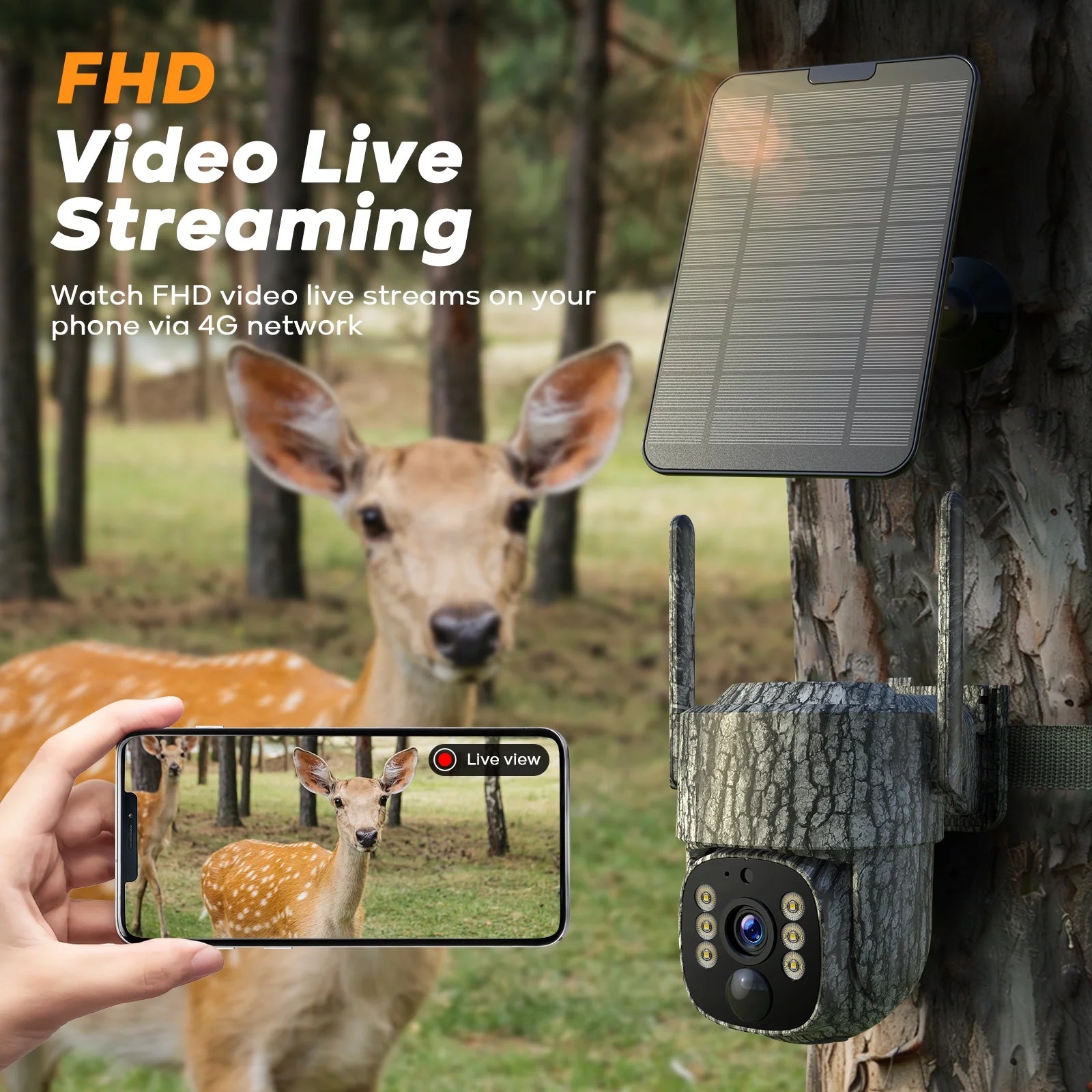 4G LTE Solar Trail Camera Cellular Live Feed 2.5K 360° View Game Camera Auto Tracking No Wifi Needed for Hunting&Outdoor Security