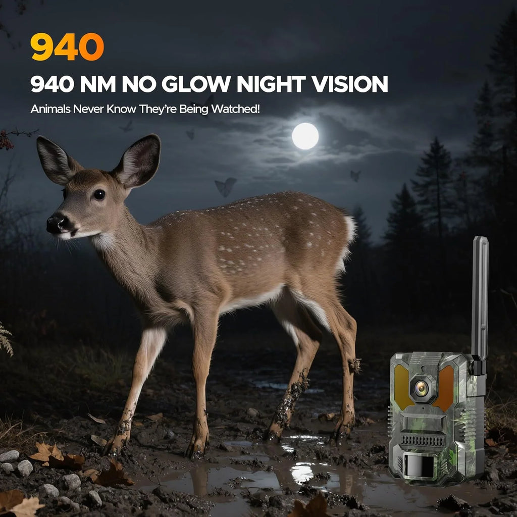 Solar Cellular Trail Camera 4G LTE 2.5K 32MP Hunting Camera 65FT Night Vision 0.1S PIR AI Detection IP66 Wildlife Monitor