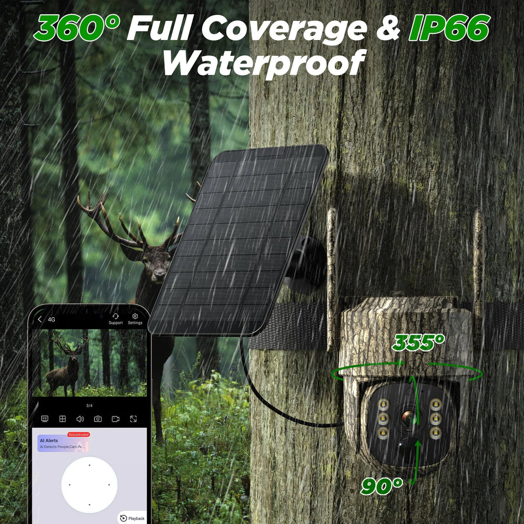 4G LTE Cellular Trail Camera 2 Pack, Built-In SIM Card Hunting Game Cameras 7800Mah Solar Battery 360° View Auto Tracking Motion Activated
