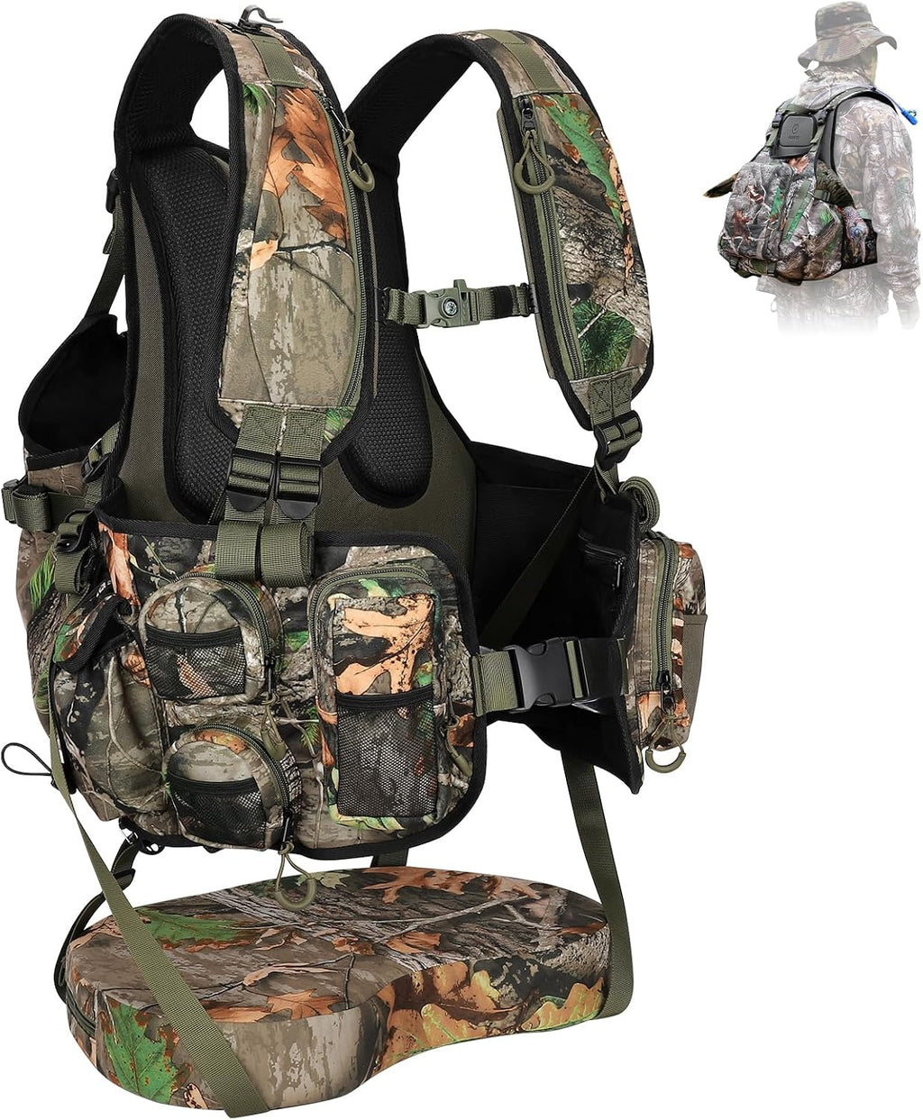 Turkey Vest with Seat, Lightweight Camo Turkey Hunting Vest with Game Pouch for Men Women, Turkey Hunting Gear Accessories(3L Water Bladder Compatible)