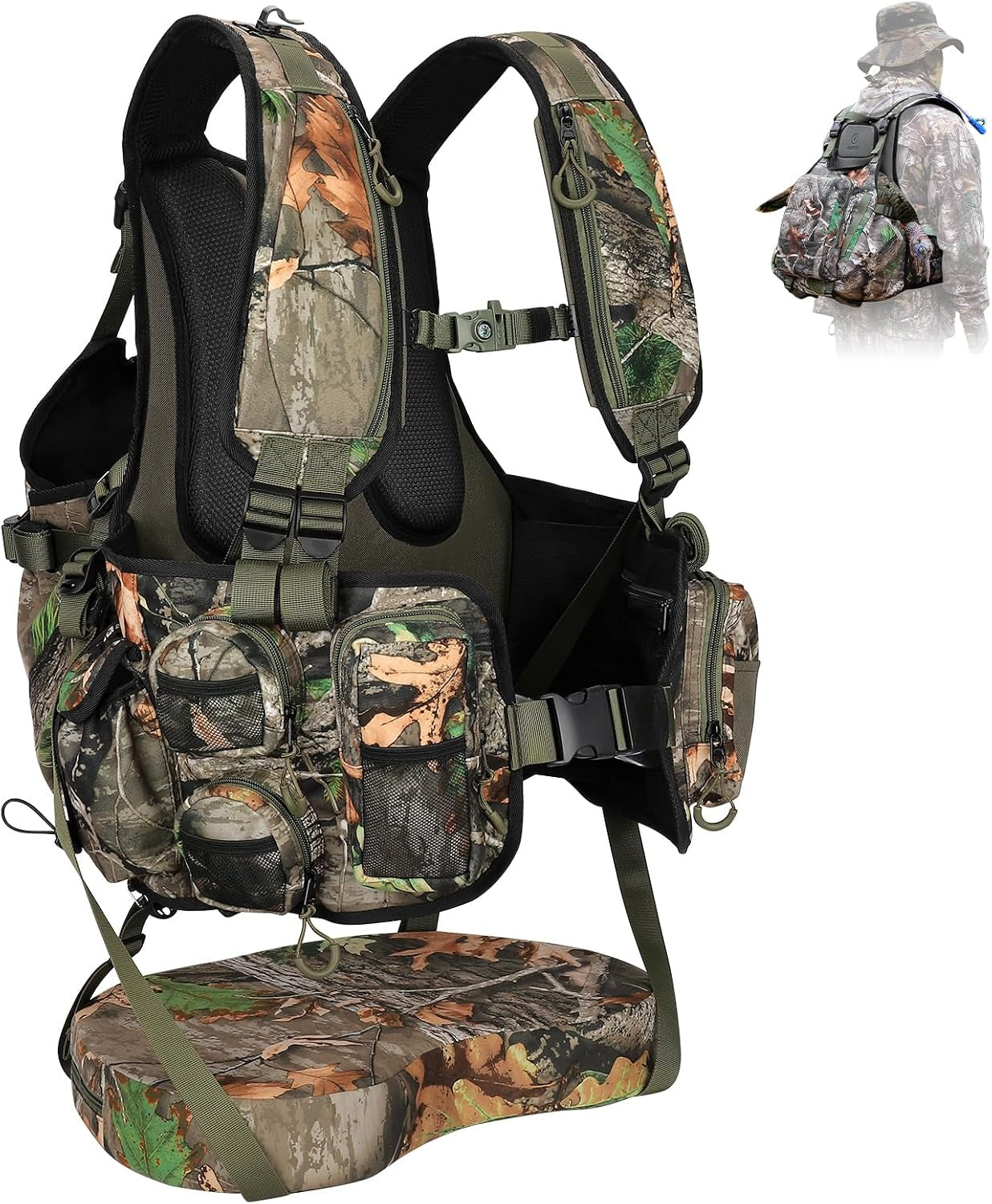 Turkey Vest with Seat, Lightweight Camo Turkey Hunting Vest with Game Pouch for Men Women, Turkey Hunting Gear Accessories(3L Water Bladder Compatible)