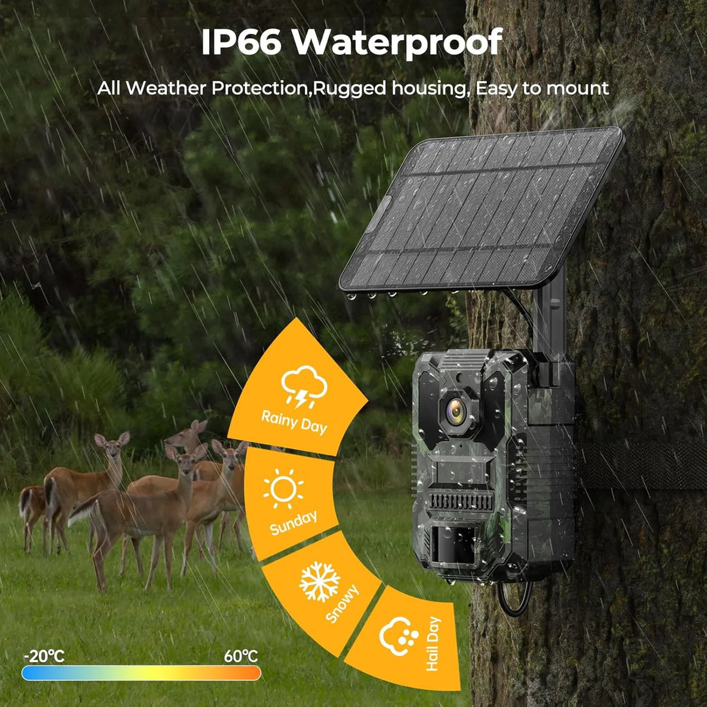 Solar Cellular Trail Camera 4G LTE 2.5K 32MP Hunting Camera 65FT Night Vision 0.1S PIR AI Detection IP66 Wildlife Monitor