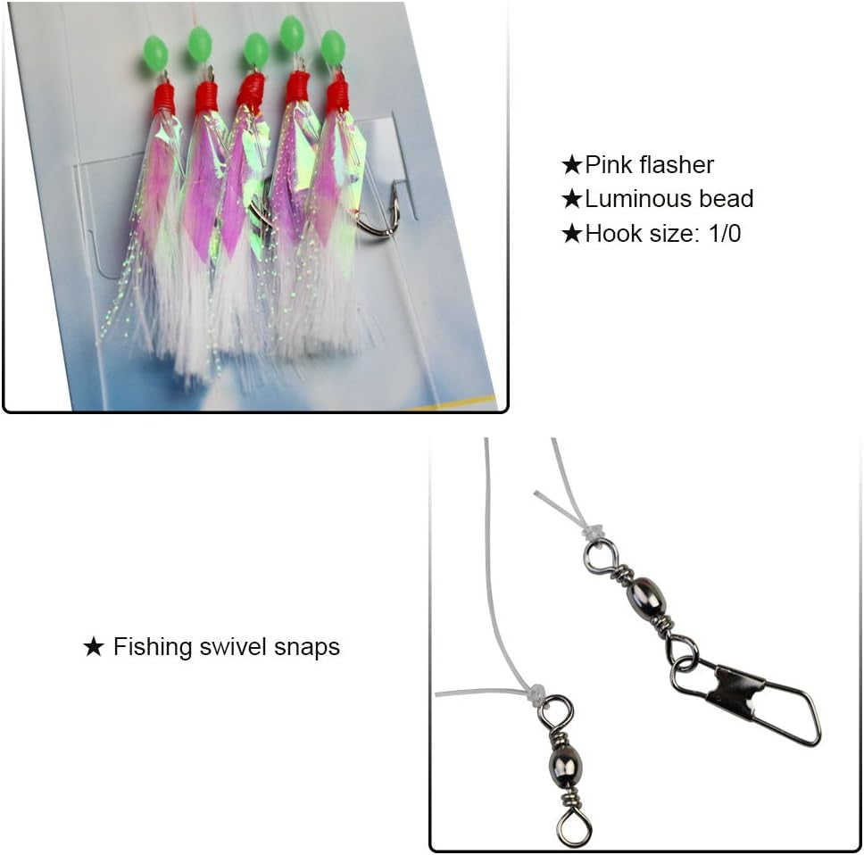 10 Packs Sabiki Rigs Fishing Flasher Lures Bait Rigs Fish Skin, Glow Fishing Beads High Carbon Hooks for Freshwater/Saltwater
