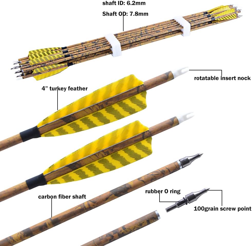 30” Archery Carbon Arrows Hunting Arrows with 4” Turkey Feather Removable Tips Targeting Practice Arrows 500 Spine for Compound & Recurve & Traditional Bow 6/12Pcs