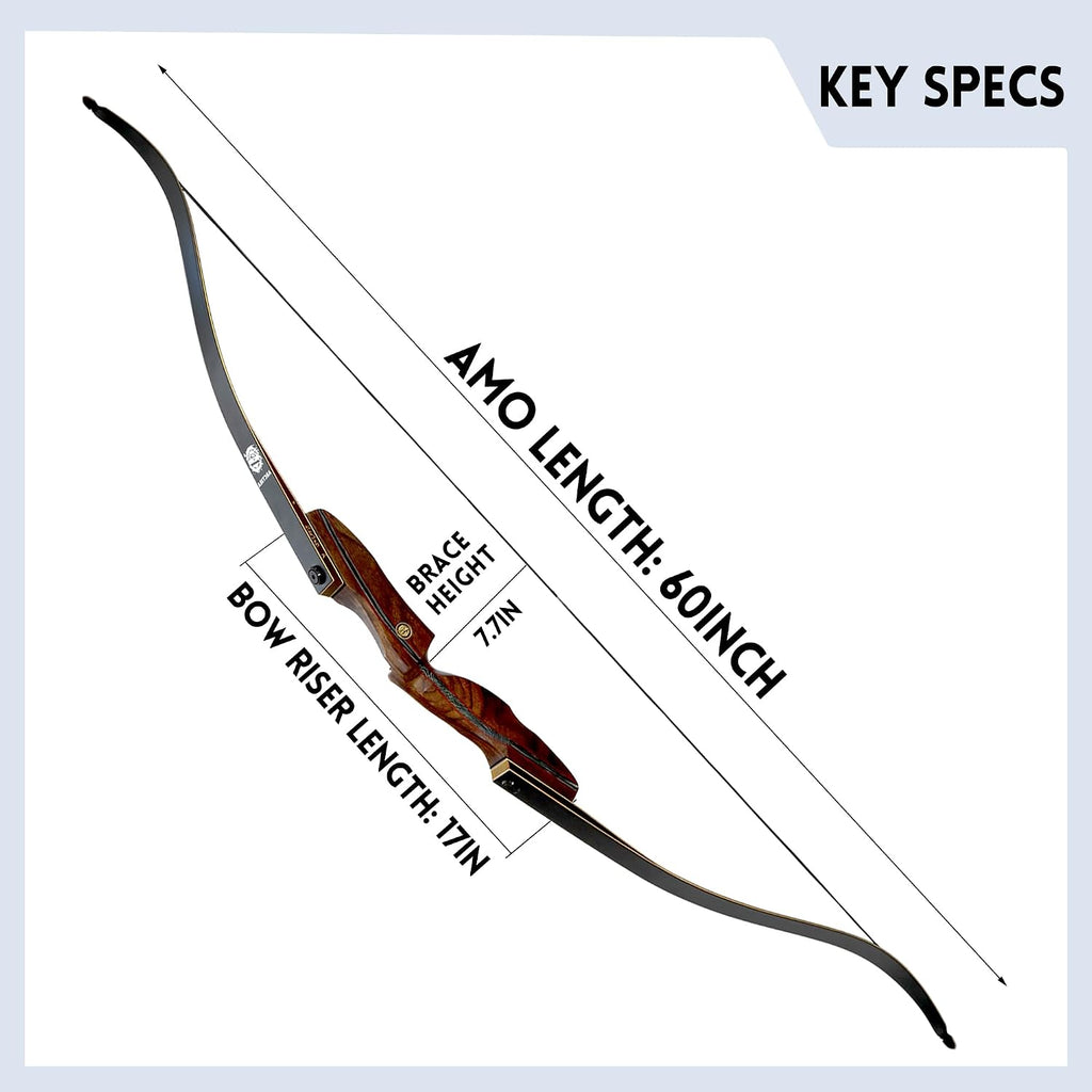 Archery Recurve Bow Takedown Traditional Hunting Bow 30-60Lb with Bamboo Core Limbs and Wooden Riser for Adults Beginner Target Practice 60 Inches