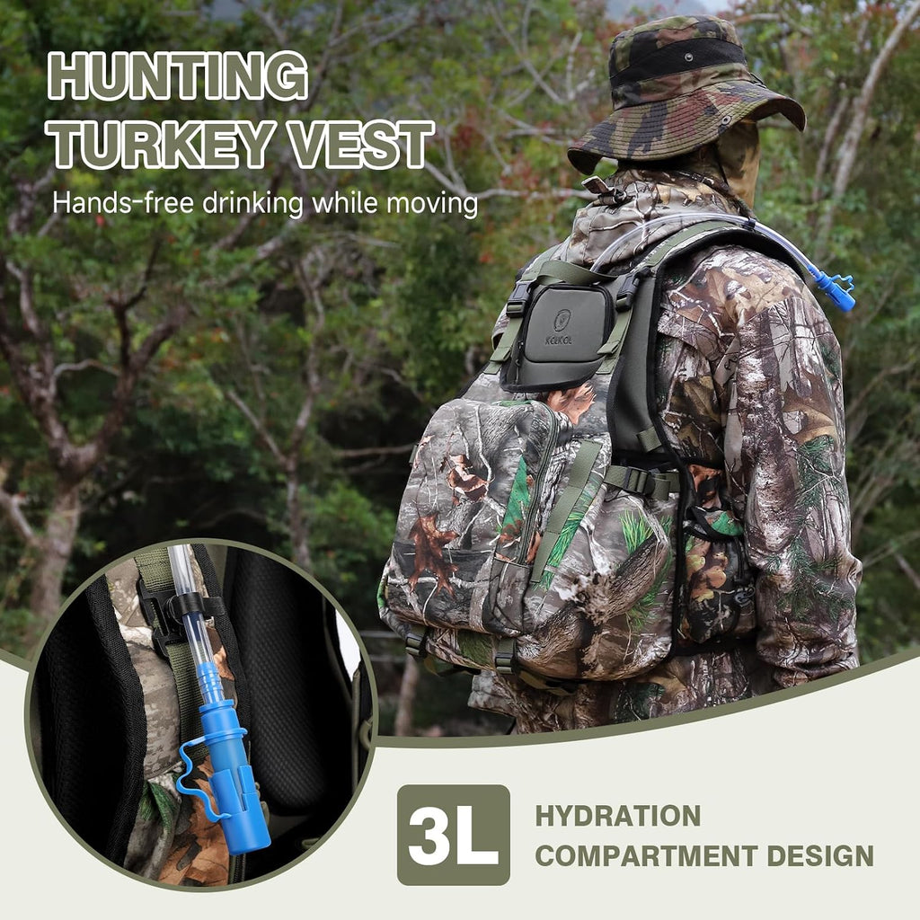 Turkey Vest with Seat, Lightweight Camo Turkey Hunting Vest with Game Pouch for Men Women, Turkey Hunting Gear Accessories(3L Water Bladder Compatible)