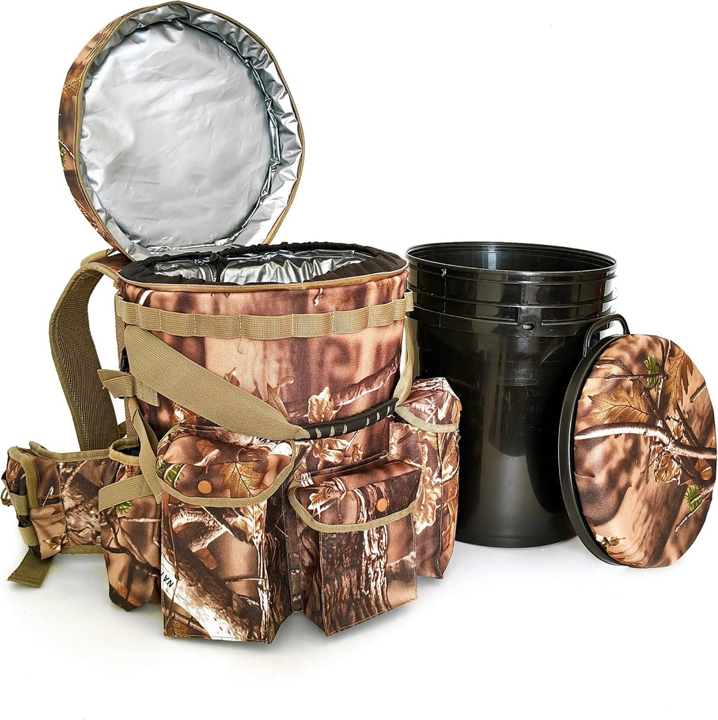 Insulated Bucket Backpack with 360° Swivel Lid – Camo Cooler Backpack with 5-Gallon Bucket for Hunting, Fishing, Camping, Outdoor Sports – Woodland Camo