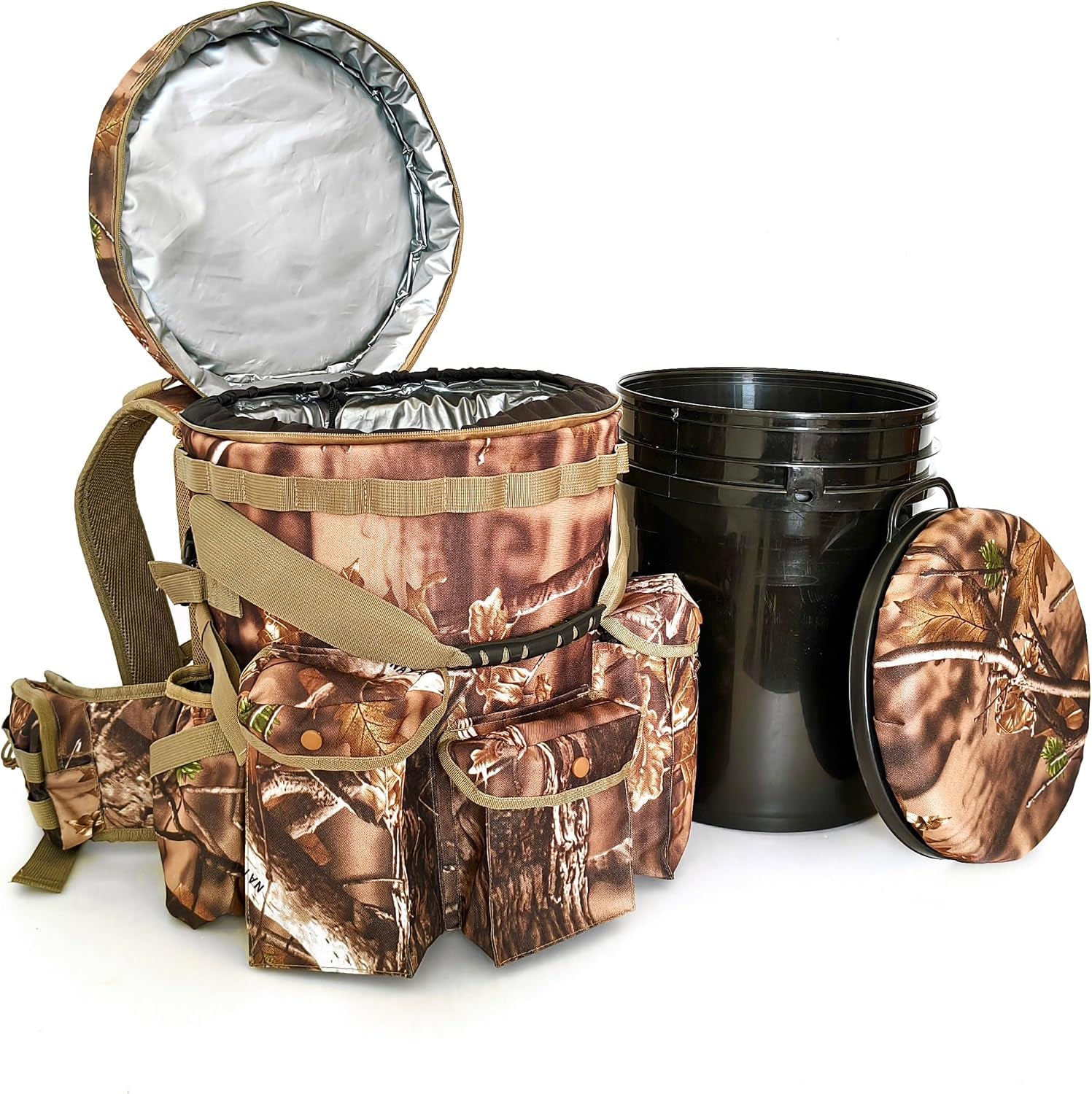 Insulated Bucket Backpack with 360° Swivel Lid – Camo Cooler Backpack with 5-Gallon Bucket for Hunting, Fishing, Camping, Outdoor Sports – Woodland Camo