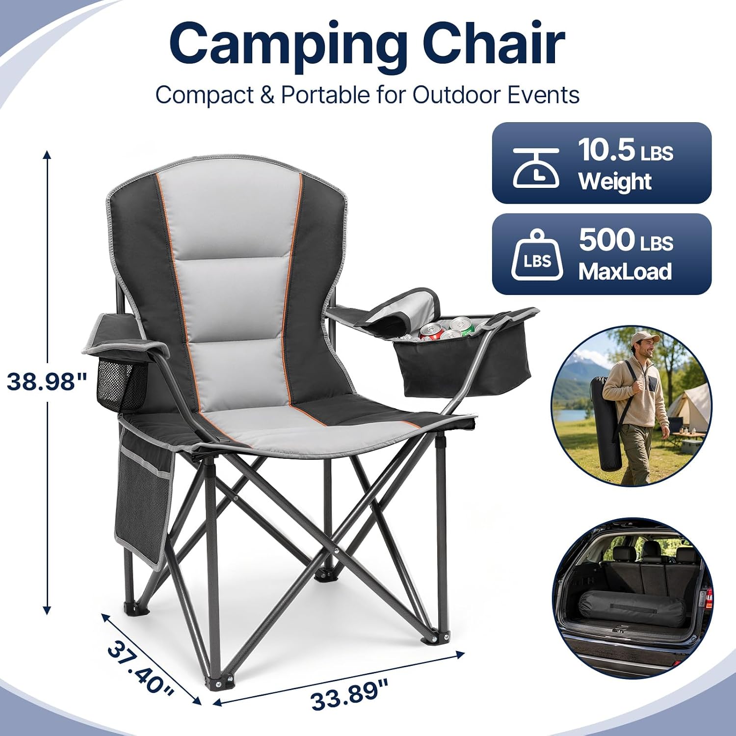 Folding Camping Chair, Oversized Heavy Duty Chairs, Black