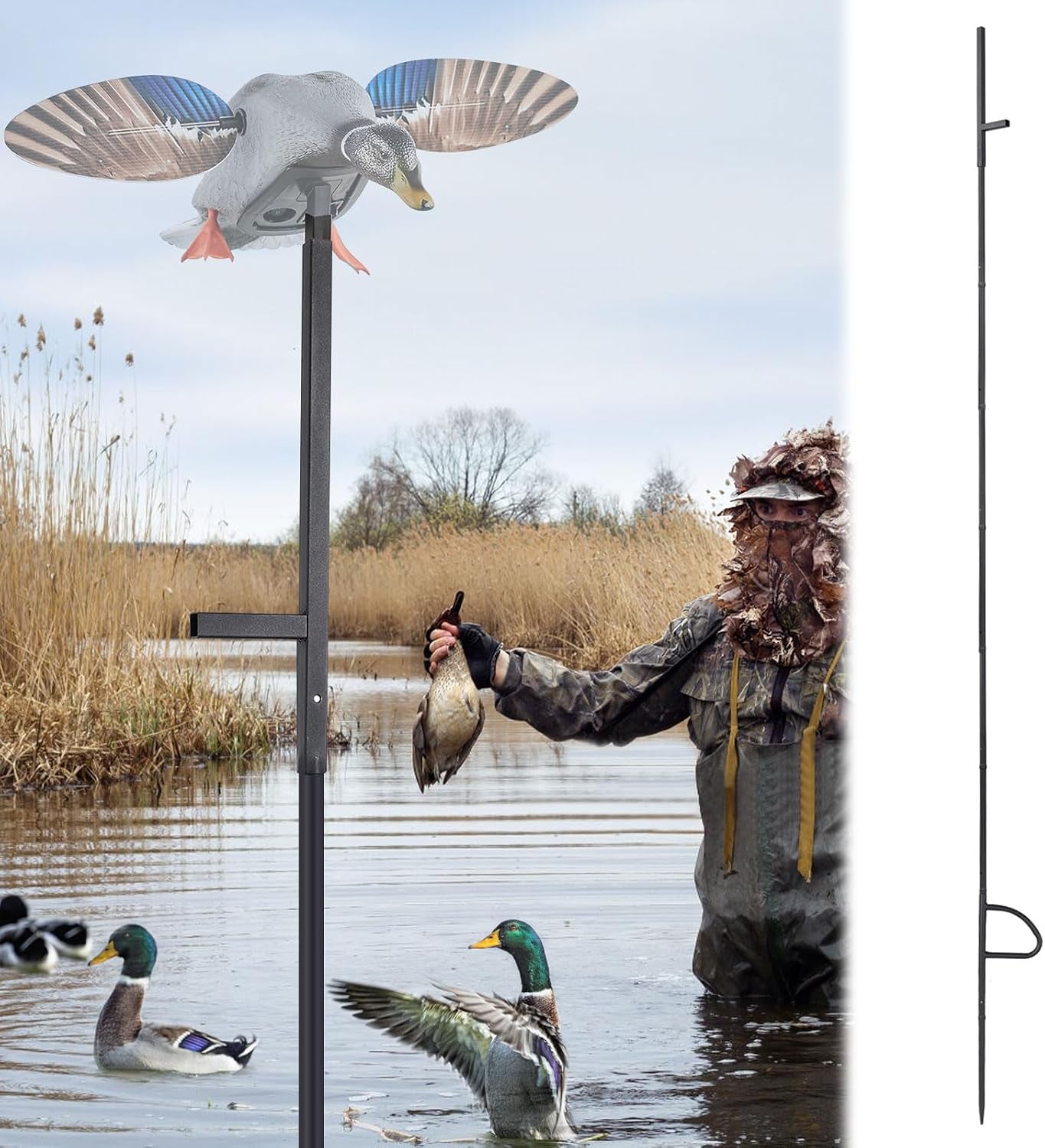 11.3 FT Mallard Duck Decoys Extension Pole,Outdoor Duck Decoy Stand Hunting Pole Works with Spinning Wing Decoys,Ducks Hunting Accessories(Duck Decoy Not Included)