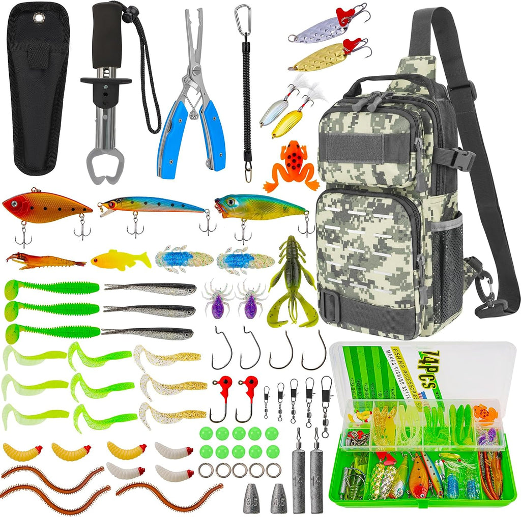 79 Pcs Fishing Tool Kit, Fishing Backpack with Tackle Boxes Fishing Pliers Kit Fishing Bait Lure Gear Kit Include Fish Hook Remover, Fishing Lures, Lip Gripper
