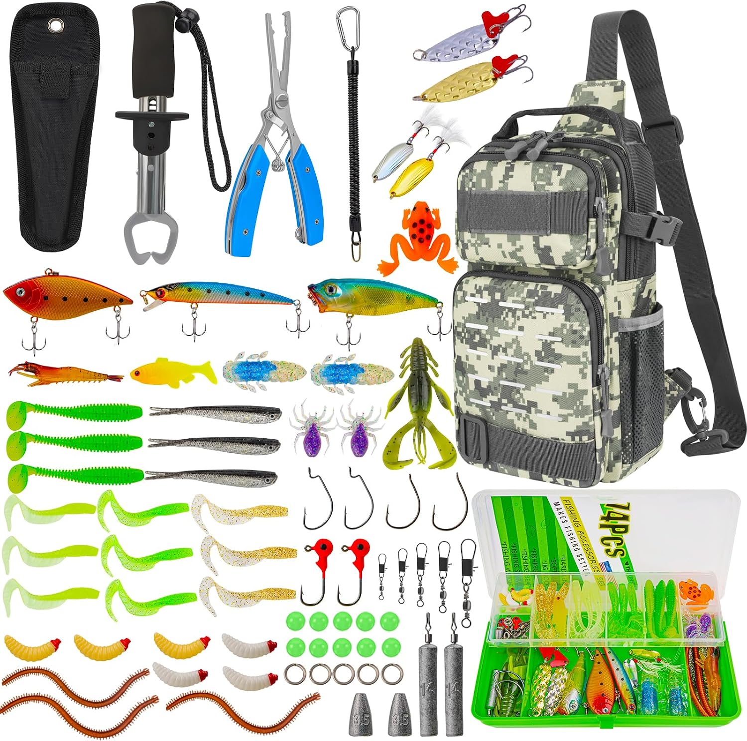 79 Pcs Fishing Tool Kit, Fishing Backpack with Tackle Boxes Fishing Pliers Kit Fishing Bait Lure Gear Kit Include Fish Hook Remover, Fishing Lures, Lip Gripper