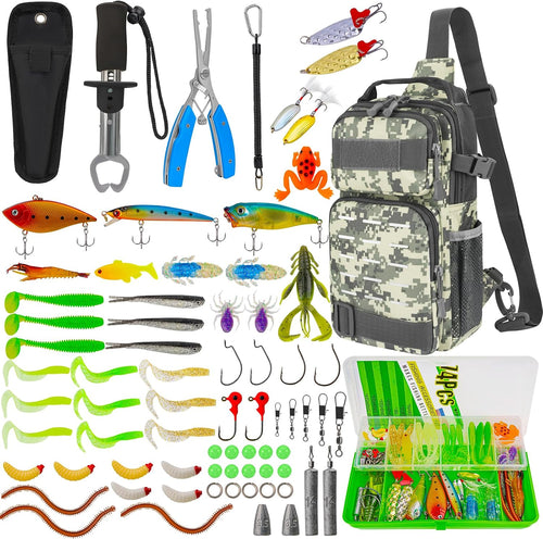 79 Pcs Fishing Tool Kit, Fishing Backpack with Tackle Boxes Fishing Pliers Kit Fishing Bait Lure Gear Kit Include Fish Hook Remover, Fishing Lures, Lip Gripper