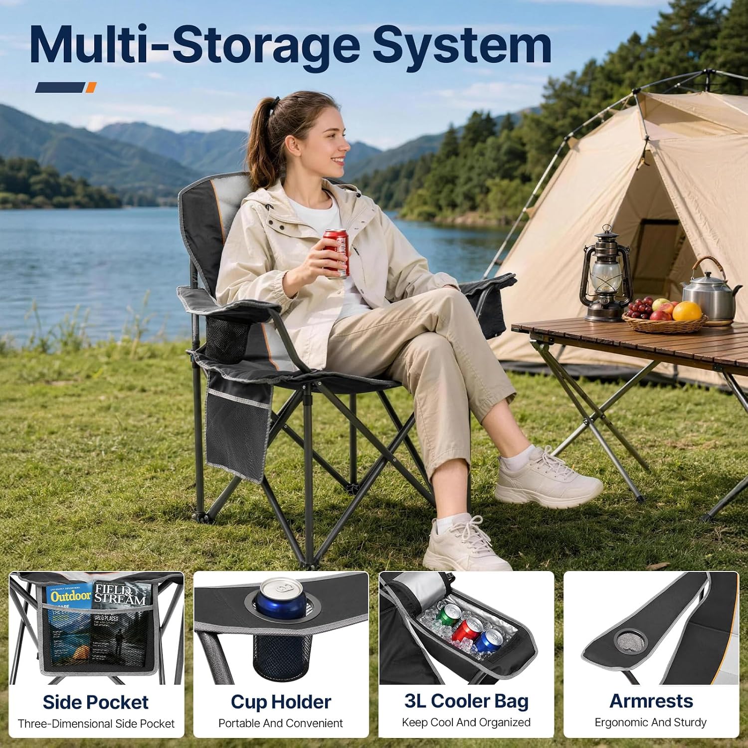 Folding Camping Chair, Oversized Heavy Duty Chairs, Black