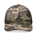 Camo Trucker Hat — Embroidered Deer & Fish BBQ Patch