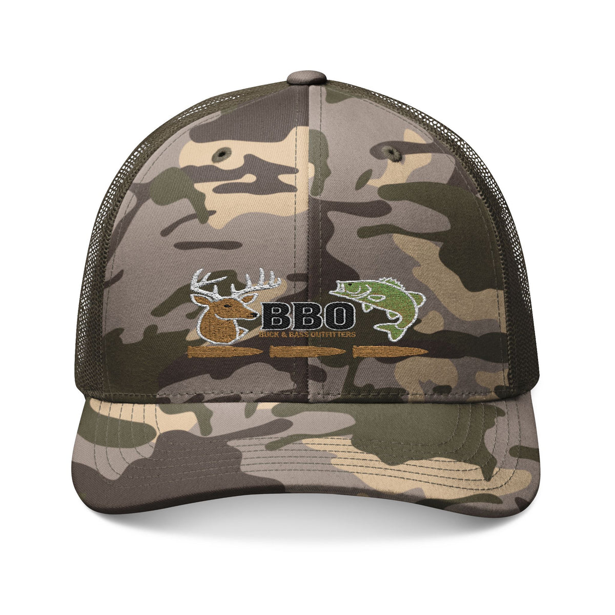 Camo Trucker Hat — Embroidered Deer & Fish BBQ Patch