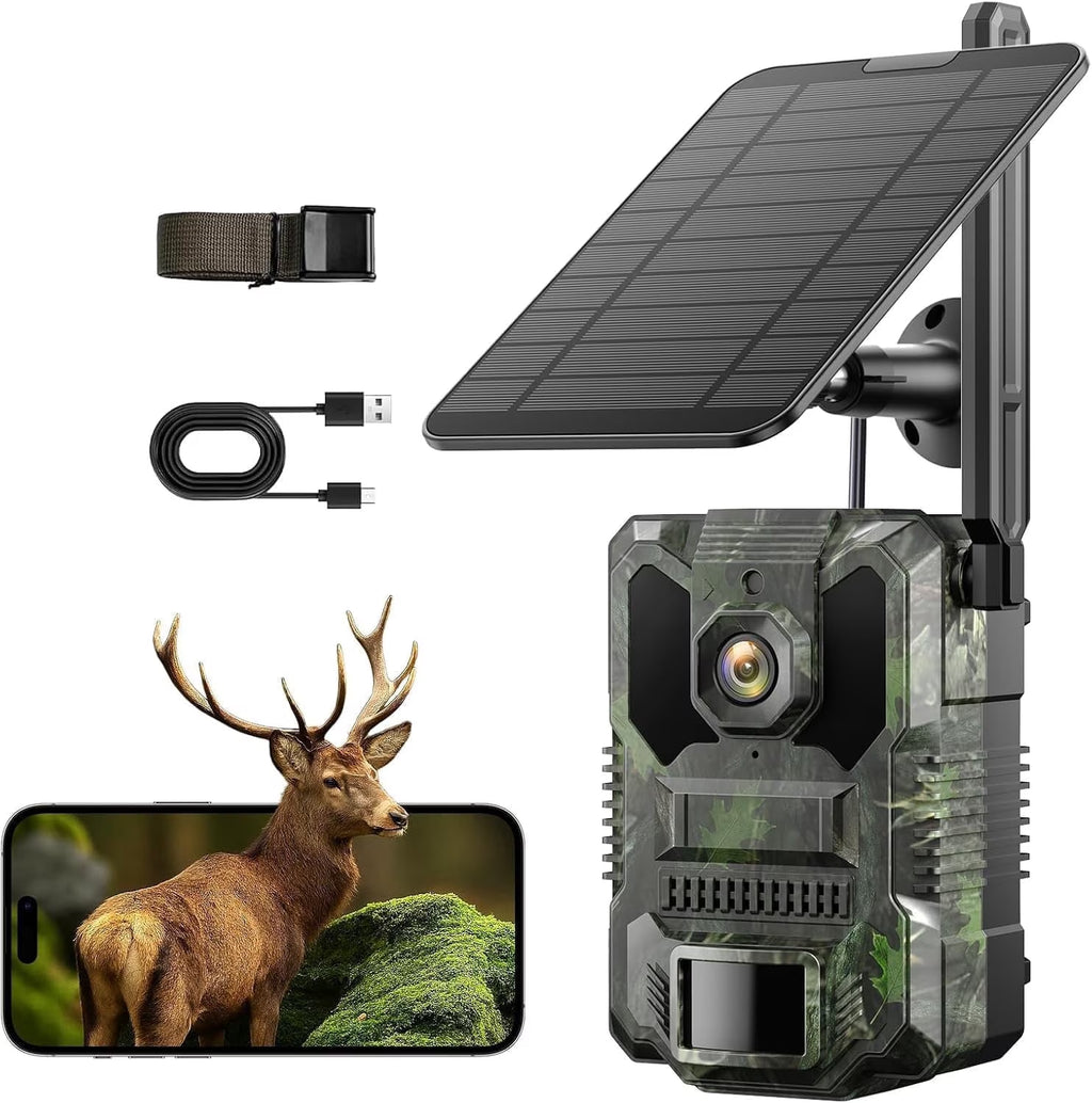 Solar Cellular Trail Camera 4G LTE 2.5K 32MP Hunting Camera 65FT Night Vision 0.1S PIR AI Detection IP66 Wildlife Monitor