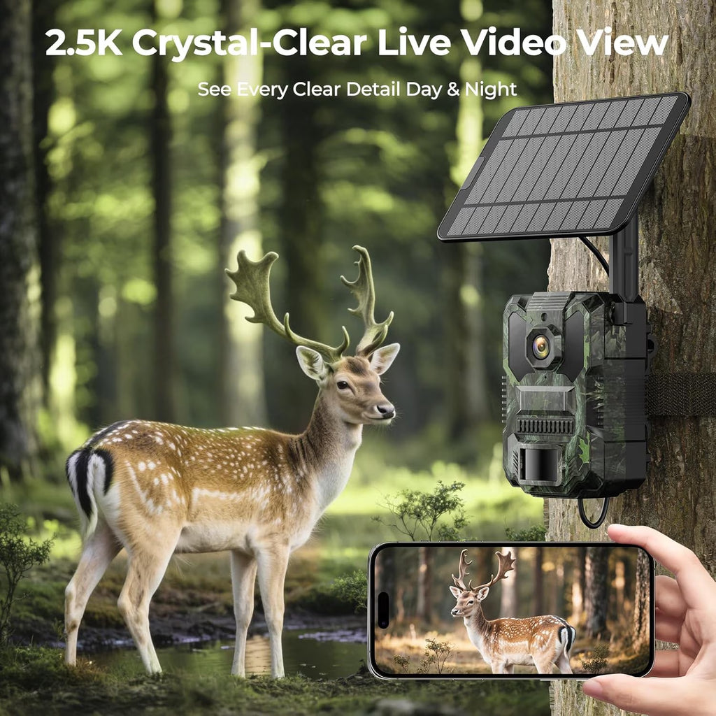 Solar Cellular Trail Camera 4G LTE 2.5K 32MP Hunting Camera 65FT Night Vision 0.1S PIR AI Detection IP66 Wildlife Monitor