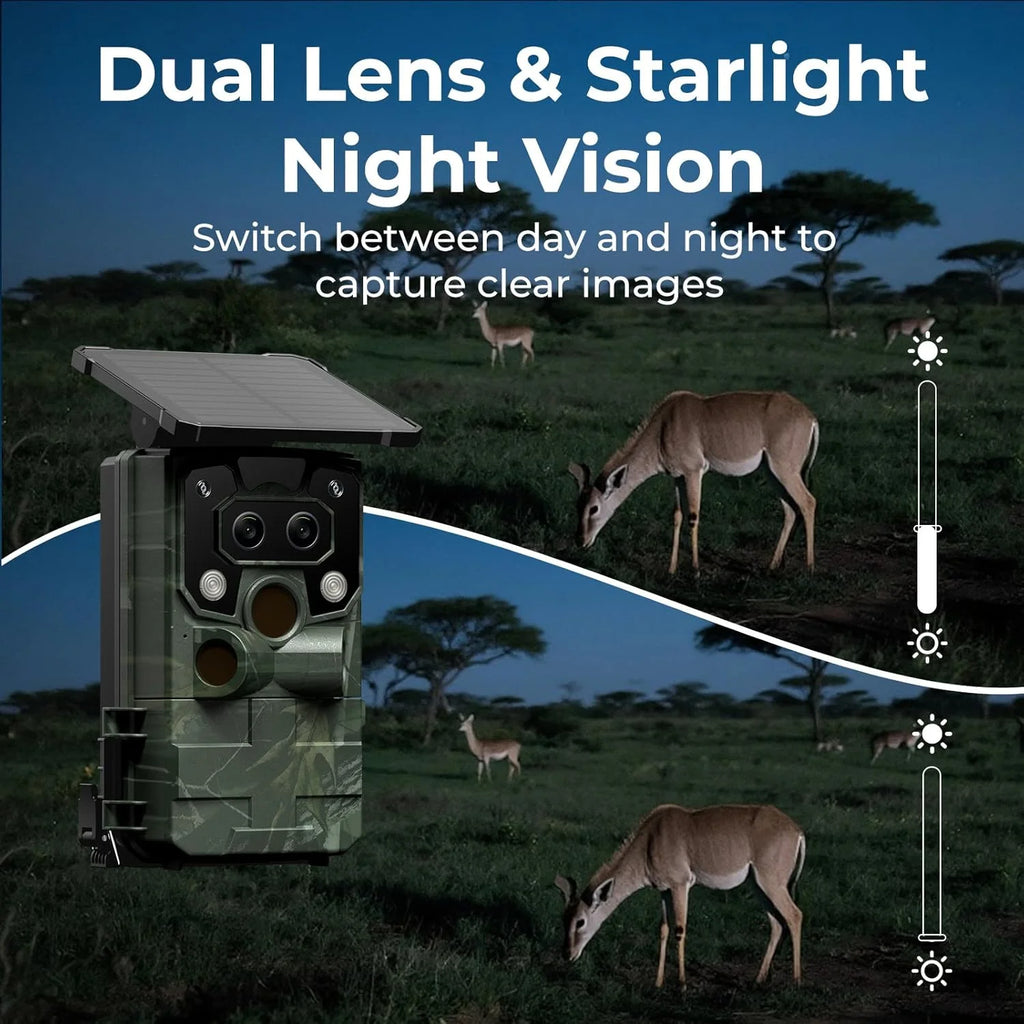 Solar Trail Camera 4K 60MP Dual Lens Wifi 5200Mah Battery Game Camera Starlight Night Vision for Wildlife Hunting Monitoring