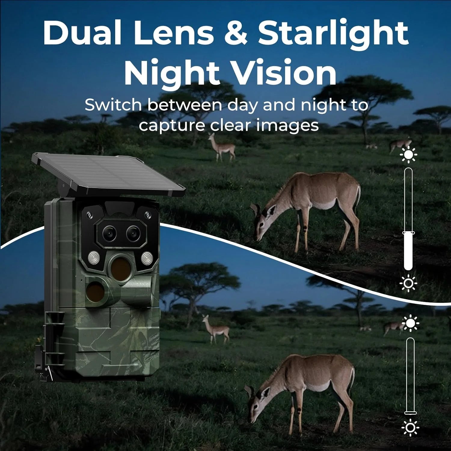 Solar Trail Camera 4K 60MP Dual Lens Wifi 5200Mah Battery Game Camera Starlight Night Vision for Wildlife Hunting Monitoring