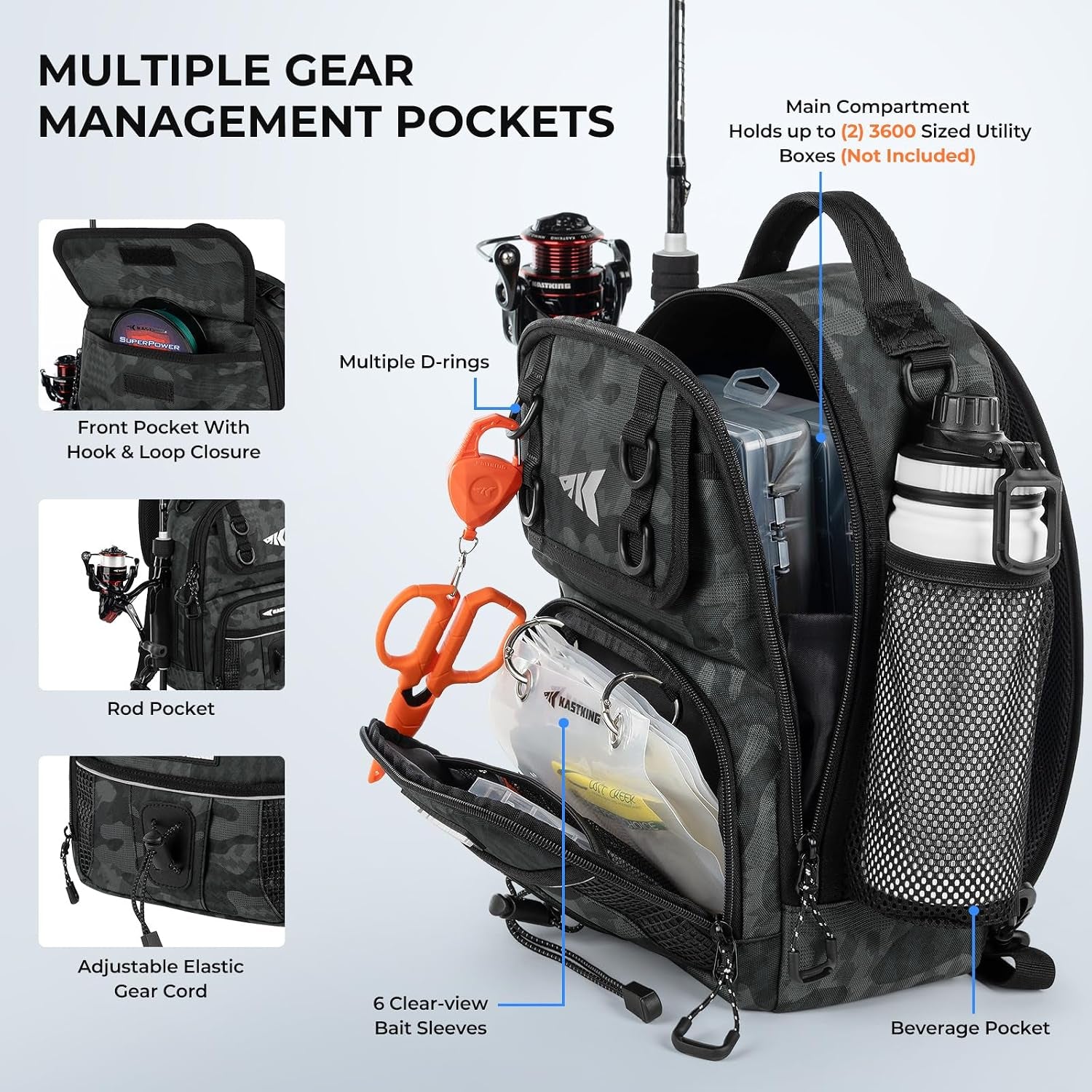 Kast King Baitspace Fishing Sling Bag, Fishing Backpack with Rod Holder