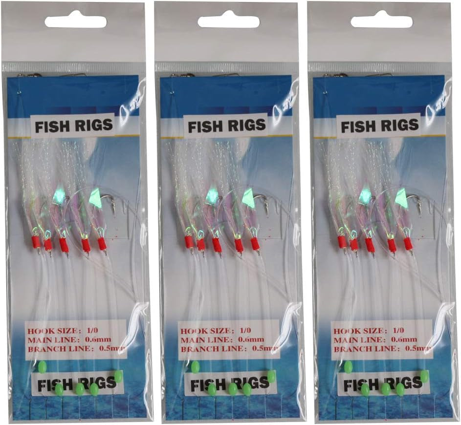 10 Packs Sabiki Rigs Fishing Flasher Lures Bait Rigs Fish Skin, Glow Fishing Beads High Carbon Hooks for Freshwater/Saltwater