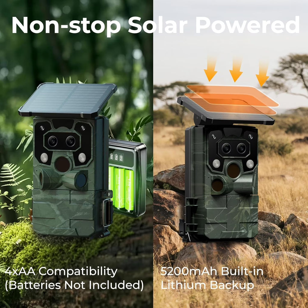 Solar Trail Camera 4K 60MP Dual Lens Wifi 5200Mah Battery Game Camera Starlight Night Vision for Wildlife Hunting Monitoring