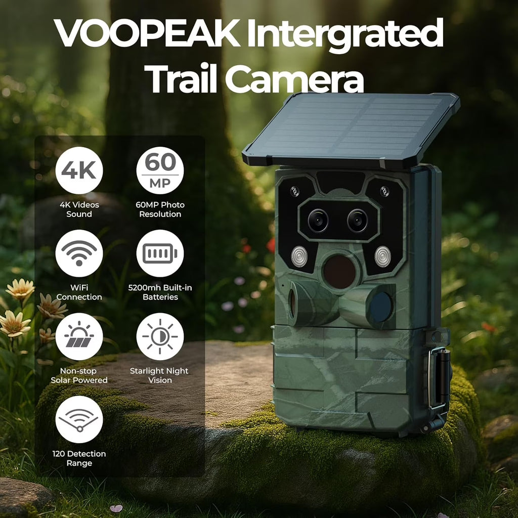 Solar Trail Camera 4K 60MP Dual Lens Wifi 5200Mah Battery Game Camera Starlight Night Vision for Wildlife Hunting Monitoring