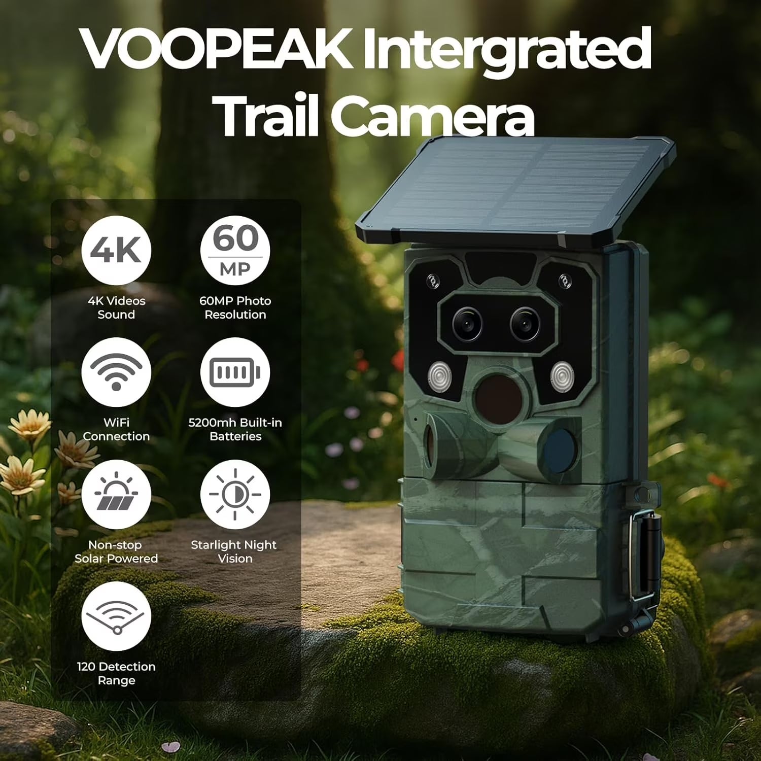 Solar Trail Camera 4K 60MP Dual Lens Wifi 5200Mah Battery Game Camera Starlight Night Vision for Wildlife Hunting Monitoring