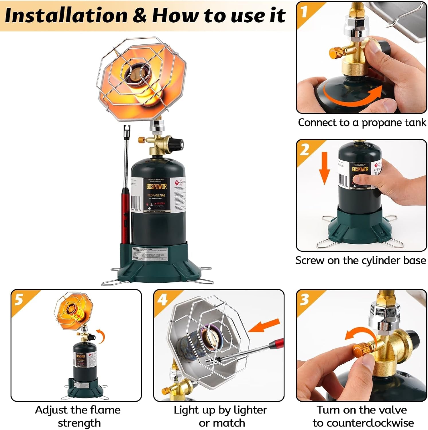 Propane Heater 6200BTU, Camping Portable Outdoor Heater with USB Lighter and Cylinder Stand, for Outdoor Space, Patio, Finshing, Hunting,Open Work(Fuel Not Included)