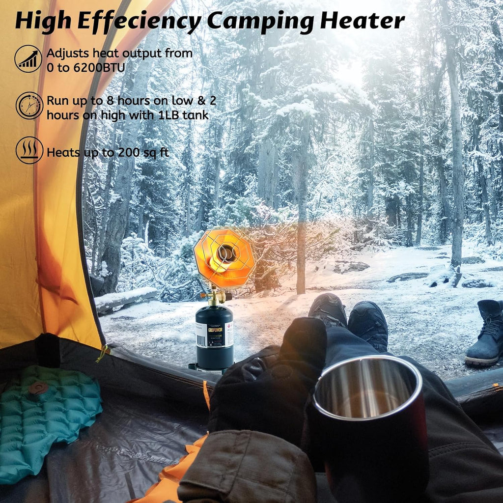 Propane Heater 6200BTU, Camping Portable Outdoor Heater with USB Lighter and Cylinder Stand, for Outdoor Space, Patio, Finshing, Hunting,Open Work(Fuel Not Included)