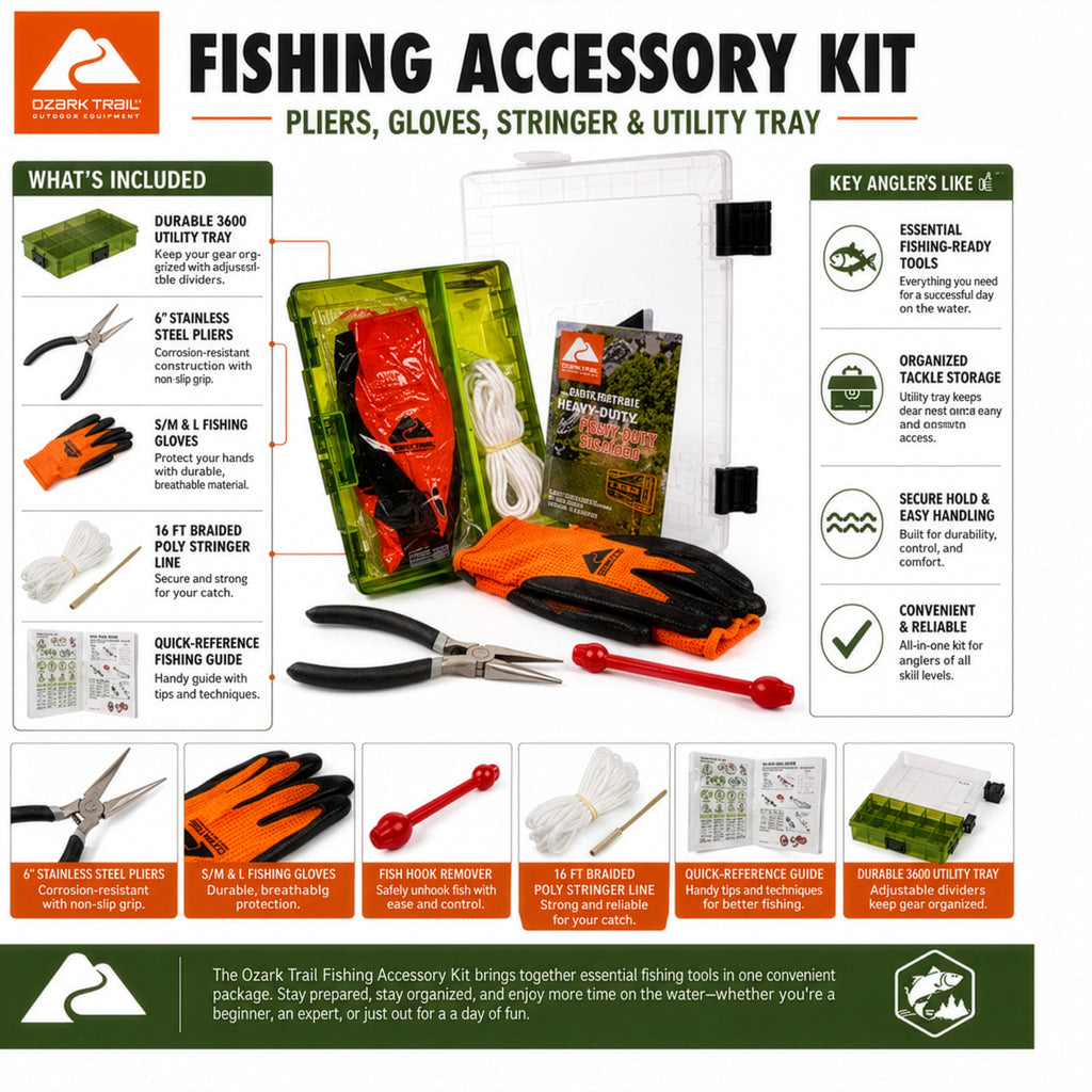 Fishing Accessory Kit with Pliers, Gloves, Stringer & Utility Tray