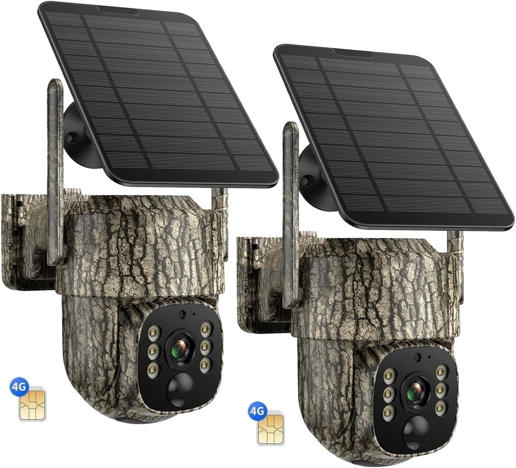 4G LTE Cellular Trail Camera 2 Pack, Built-In SIM Card Hunting Game Cameras 7800Mah Solar Battery 360° View Auto Tracking Motion Activated
